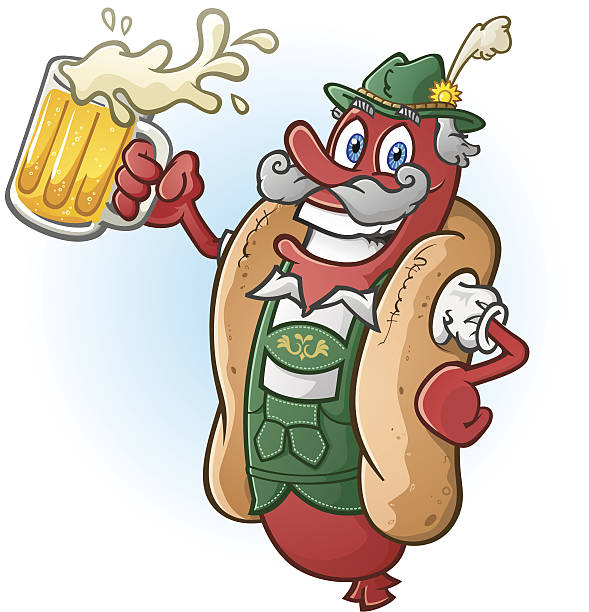 oktoberfest hot dog comic-figur trinkt bier - wearing hot dog costume stock-grafiken, -clipart, -cartoons und -symbole