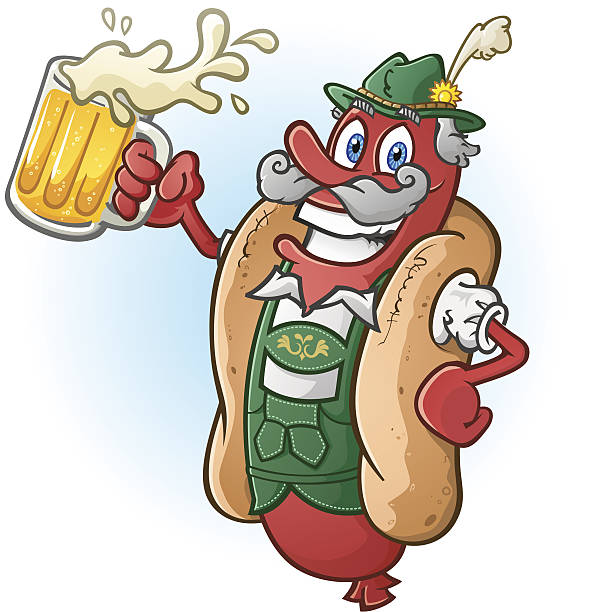 Beer Fest Hot Dog Cartoon Character Drinking Beer vector art illustration