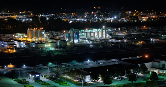 Aerial shot of a chemical plant on Blaine Island in South Charleston, WV lit up at night.