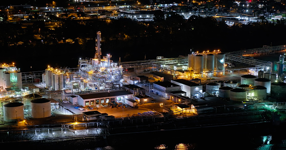 Aerial shot of a chemical plant on Blaine Island in South Charleston, WV lit up at night.