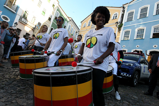salvador, bahia, brazil - may 29, 2023: members of the band Olodum perform in Pelourinho, the historic center of Salvador.