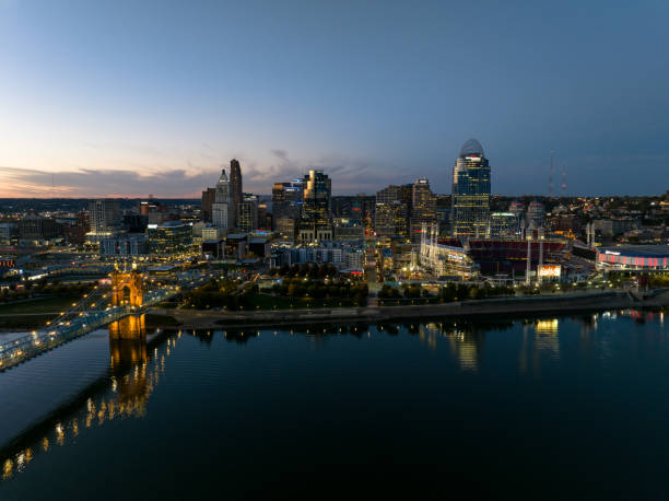 istock Cincinnati's Central Business District Illuminated at Dusk - Aerial 1812297436