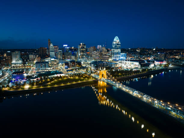 istock Cincinnati's Central Business District Illuminated at Twilight - Aerial Shot 1812297438