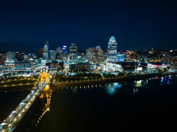 istock Cincinnati's Central Business District Illuminated at Twilight - Aerial Still Image 1812297443