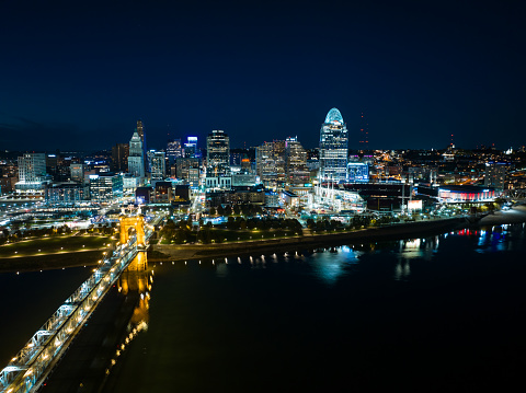 Aerial still image of the Central Business District, taken by a drone at twilight in Cincinnati, Ohio. Authorization was obtained from the FAA for this operation in restricted airspace.