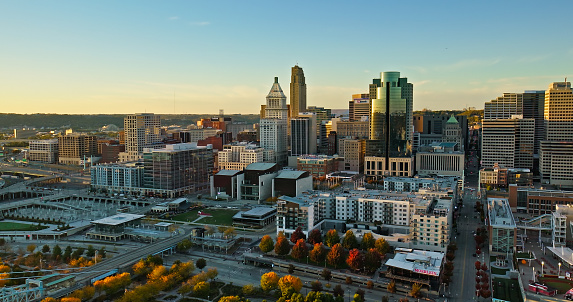 Aerial still image of the downtown skyline on a clear, Fall evening in Cincinnati, Ohio. Authorization was obtained from the FAA for this operation in restricted airspace.