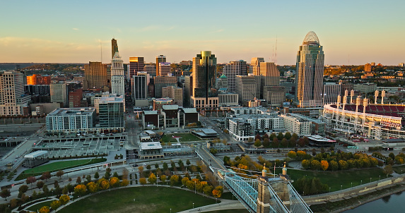 Aerial still image of the Central Business District at sunset in Cincinnati, Ohio. Authorization was obtained from the FAA for this operation in restricted airspace.