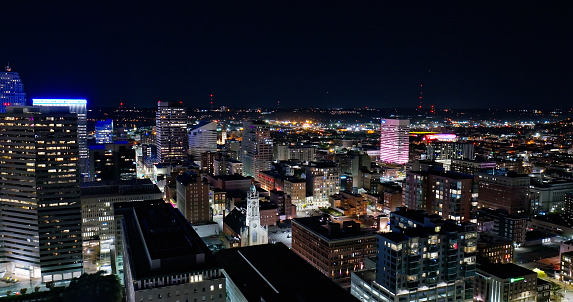 Aerial still image of the Cincinnati cityscape on a clear, Fall night in Ohio. Authorization was obtained from the FAA for this operation in restricted airspace.