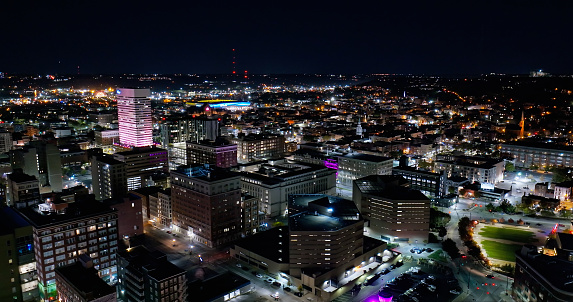 Aerial still image of the Cincinnati cityscape on a clear, Fall night in Ohio. Authorization was obtained from the FAA for this operation in restricted airspace.