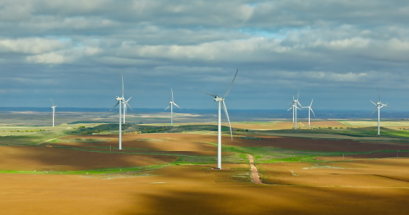 Aerial shot of a wind farm in the rural landscape of Morton County, North Dakota, near the town of Hebron.