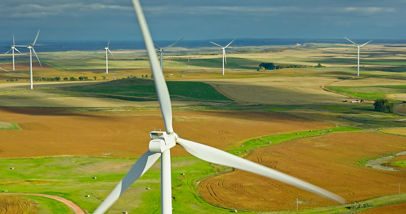 Aerial shot of a wind farm in the rural landscape of Morton County, North Dakota, near the town of Hebron.