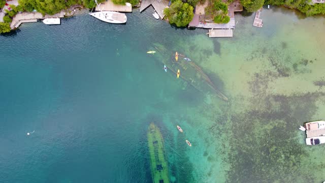 Above View Of A Shipwreck In Colpoys Bay, Georgian Bay, Bruce Peninsula, Ontario, Canada. Aerial Shot
