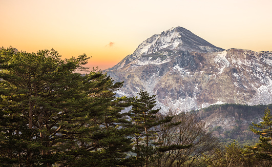 Morning views of the magnificent mountain Bandai-San as seen from Goshiki Numa (5-color pond).