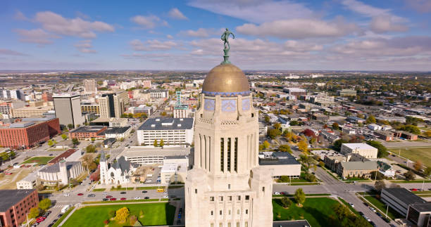 istock Nebraska State Capitol Tower with Downtown Lincoln in Background - Drone View 1812322014