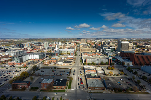 Aerial still image of Downtown Lincoln, Nebraska, taken by a drone on a sunny day in the Fall. Authorization was obtained from the FAA for this operation in restricted airspace.