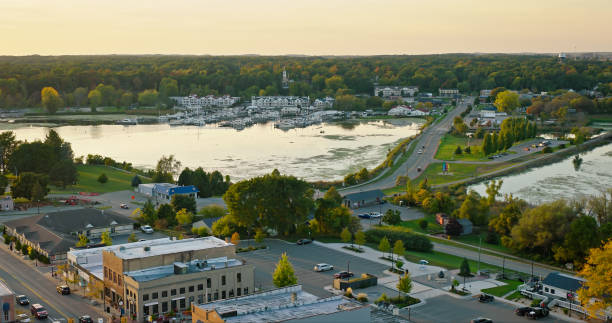 Aerial View of Whitehall, Michigan on a Fall Sunset