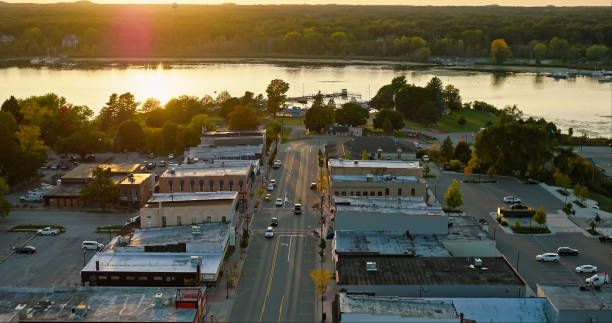 istock Drone View of Whitehall, Michigan on a Fall Sunset 1812331783