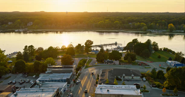 istock Whitehall, Michigan on a Fall Sunset - Aerial Shot 1812332080