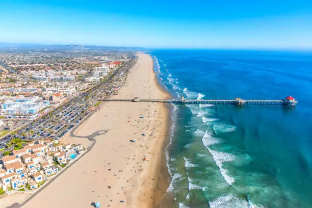 Aerial view of the beautiful Orange County California coastal city of Huntington Beach from an altitude of about 1000 feet over the Pacific Ocean during a helicopter photo flight.