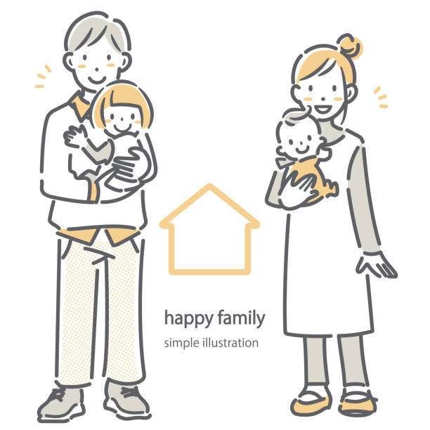 ilustrações, clipart, desenhos animados e ícones de família feliz em pé junto, ilustração amigável - couple full length embracing white background