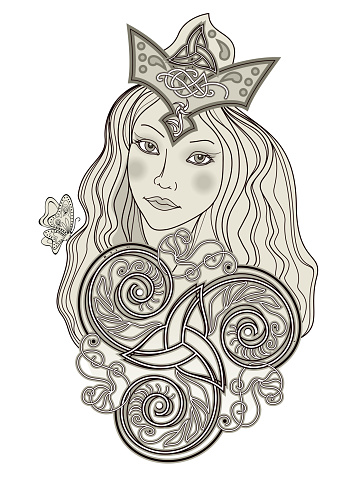 Illustration of fabulous Viking fairy. Abstract portrait of beautiful girl ornate by trickle symbol. Print for decoration, logo, tattoo, beauty and fashion party. Old Scandinavian drawing style.