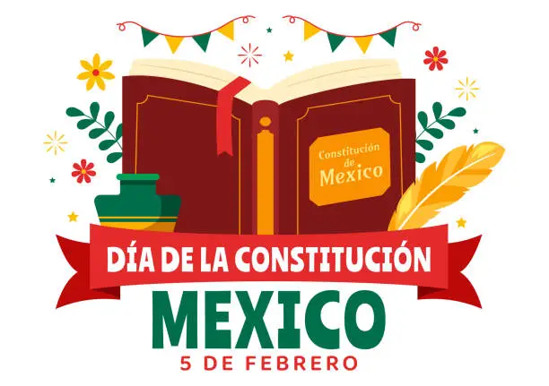 Vector illustration of Dia De La Constitucion Vector Illustration. Translation: Happy Constitution Day of Mexico on February 5 with Mexican Hat and Waving Flag Background