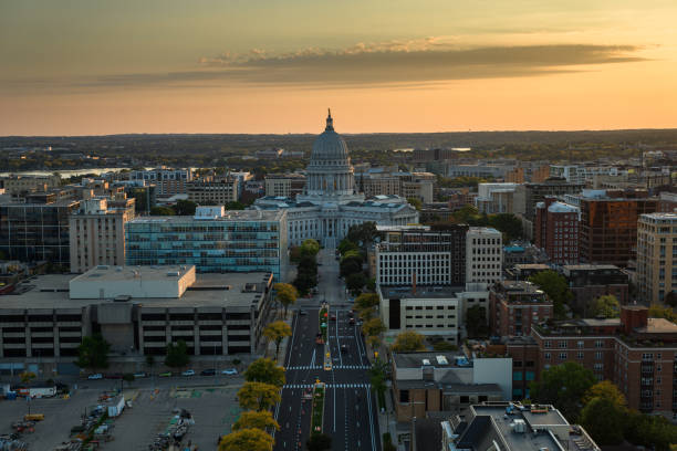 istock Drone View of Wisconsin State Capitol on a Fall Sunset in Madison 1812356435