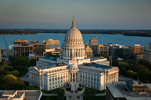 Aerial view of Wisconsin State Capitol building in downtown Madison, the capital city of Wisconsin.

Authorization was obtained from the FAA for this operation in restricted airspace.