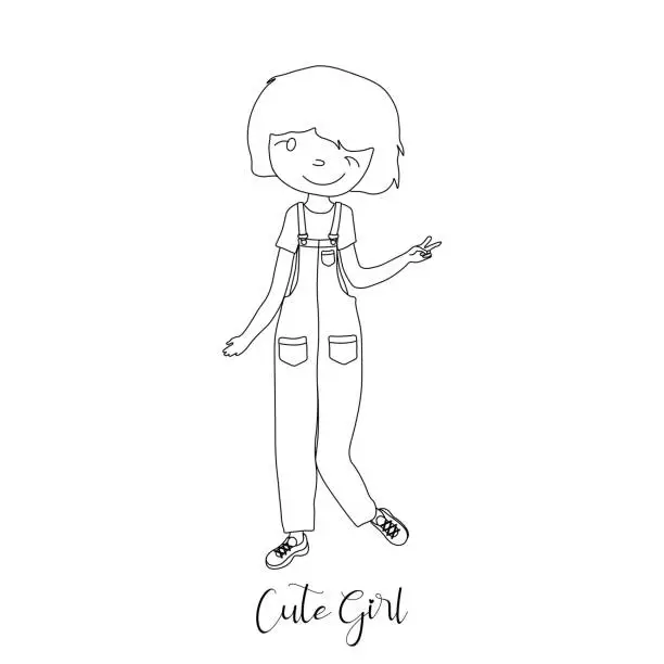 Vector illustration of Girl in overall with cute expression and an winkle eye coloring illustration