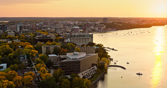 Aerial view of Old Market Place in Madison, the capital city of Wisconsin, at sunset in Fall.

Authorization was obtained from the FAA for this operation in restricted airspace.