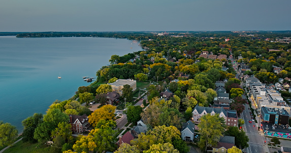 Aerial view of Old Market Place in Madison, the capital city of Wisconsin, at sunset in Fall.\n\nAuthorization was obtained from the FAA for this operation in restricted airspace.