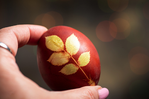 Easter egg painted in onion peel in a woman's hand on a decorative background. Natural Easter concept