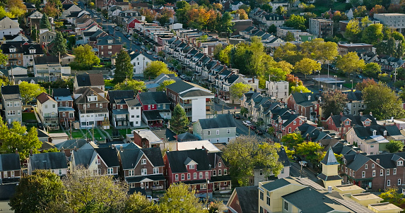 Aerial shot of residential streets in Bethlehem, a city in the Lehigh Valley region of eastern Pennsylvania with a rich history tied to the American Industrial Revolution through Bethlehem Steel. 

Authorization was obtained from the FAA for this operation in restricted airspace.