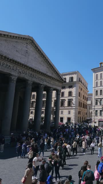 Aerial timelapse shot of Pantheon square crowded of tourist people, vertical orientation