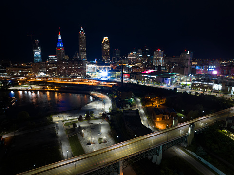 Aerial shot of Cleveland, Ohio from across the Cuyahoga River on a clear night in Fall