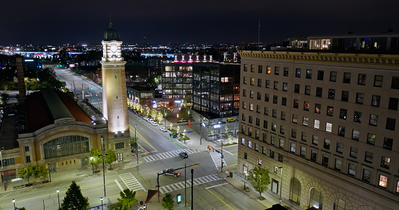 Aerial shot of West Side Market in the Ohio City neighborhood of Cleveland on a clear night in Fall.