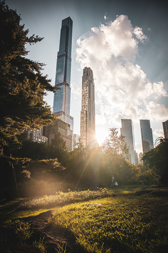 View of skyscrapers in Billionaires Row from Central Park with the sun shining