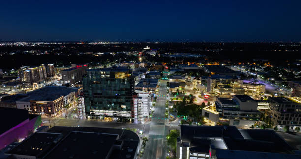 Aerial shot of downtown Boise, Idaho in pre-dawn twilight.\n\nAuthorization was obtained from the FAA for this operation in restricted airspace.