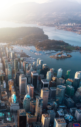 Downtown Vancouver, British Columbia, Canada. Modern City on West Coast of Pacific Ocean. Aerial View from Airplane.