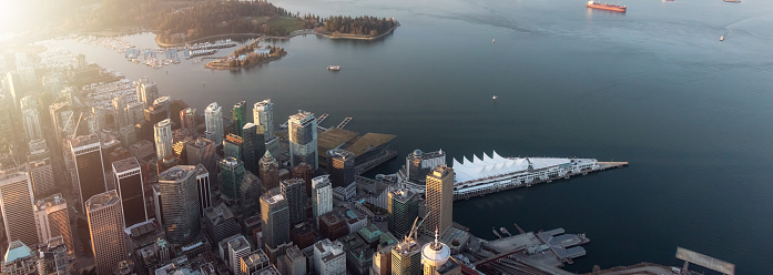 Downtown Vancouver, British Columbia, Canada. Modern City on West Coast of Pacific Ocean. Aerial View from Airplane.