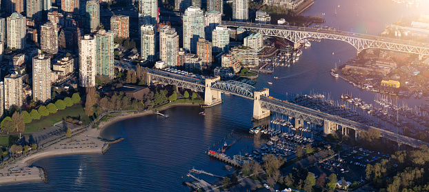 Downtown Vancouver Modern Cityscape. Aerial Panorama. Sunset. British Columbia, Canada.