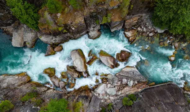 Photo of River in a Rocky Mountain Canyon. British Columbia, Canada. Aerial Nature Background