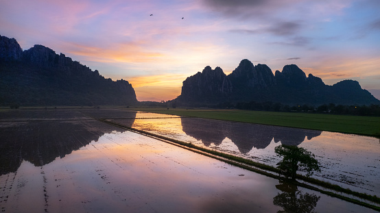 Landscape  Khao Nor and Khao Kaeo  scenery with rice fields and streams in sunrise time Nakhon Sawan Province Thailand.