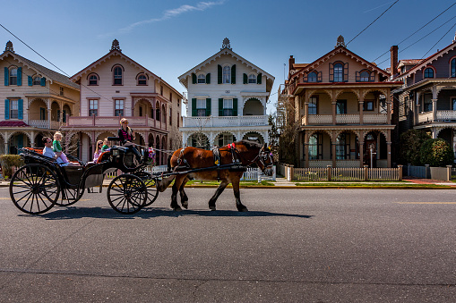 A carriage carries tourists past a row of Victorian 