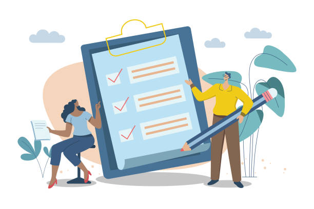 ilustraciones, imágenes clip art, dibujos animados e iconos de stock de mejor verificación e informes estándar de revisión de desempeño, control de calidad o aprobación certificada, lista de verificación completa, evaluaciones de desempeño, hombre de negocios con documento estándar. ilustración de diseño vectorial. - evaluación del desempeño