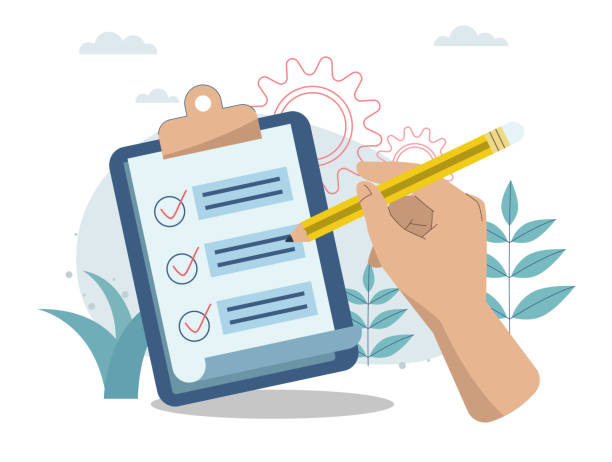 ilustraciones, imágenes clip art, dibujos animados e iconos de stock de mejor verificación e informes estándar de revisión de desempeño, control de calidad o aprobación certificada, lista de verificación completa, evaluaciones de desempeño, mano con documento estándar. ilustración de diseño vectorial. - evaluación del desempeño