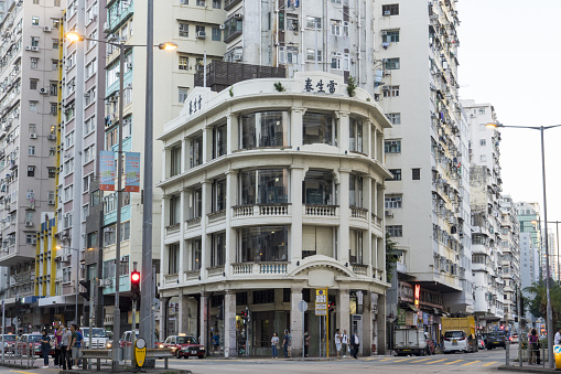 Hong Kong, China - Nov 05 2023 : Lui Seng Chun, a Grade I Historic Tenement Building with hybrid Chinese-Western style located in MongKok