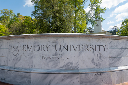 Atlanta, USA - April 15, 2023. Sign of Emory University, Atlanta, Georgia, USA