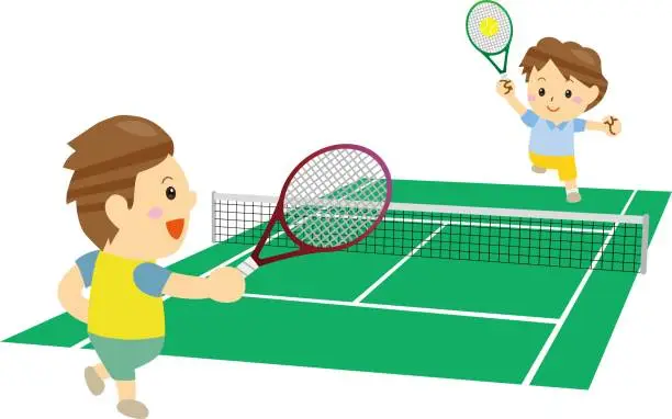 Vector illustration of Smiling people enjoying playing tennis on the tennis court / illustration material (vector illustration)
