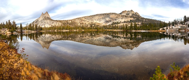 Sierra Nevada Granite Mountain Peaks Reflected in Upper Cathedral Lake Calm Water